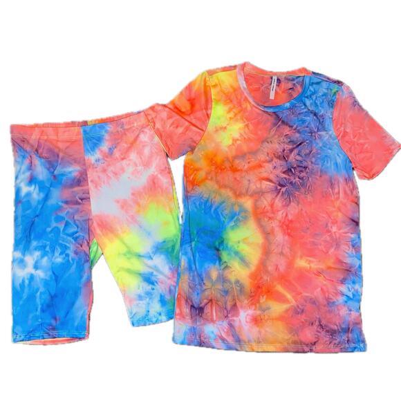 New S Gay Pride Neon Tie Dye Rainbow Summer Bike Short Tee Set Outfit Stretchy - Picture 2 of 3